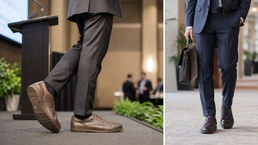 Brown Birchbury Brenston dress shoes worn with gray suit trousers at a conference, plus a pair worn with a navy suit