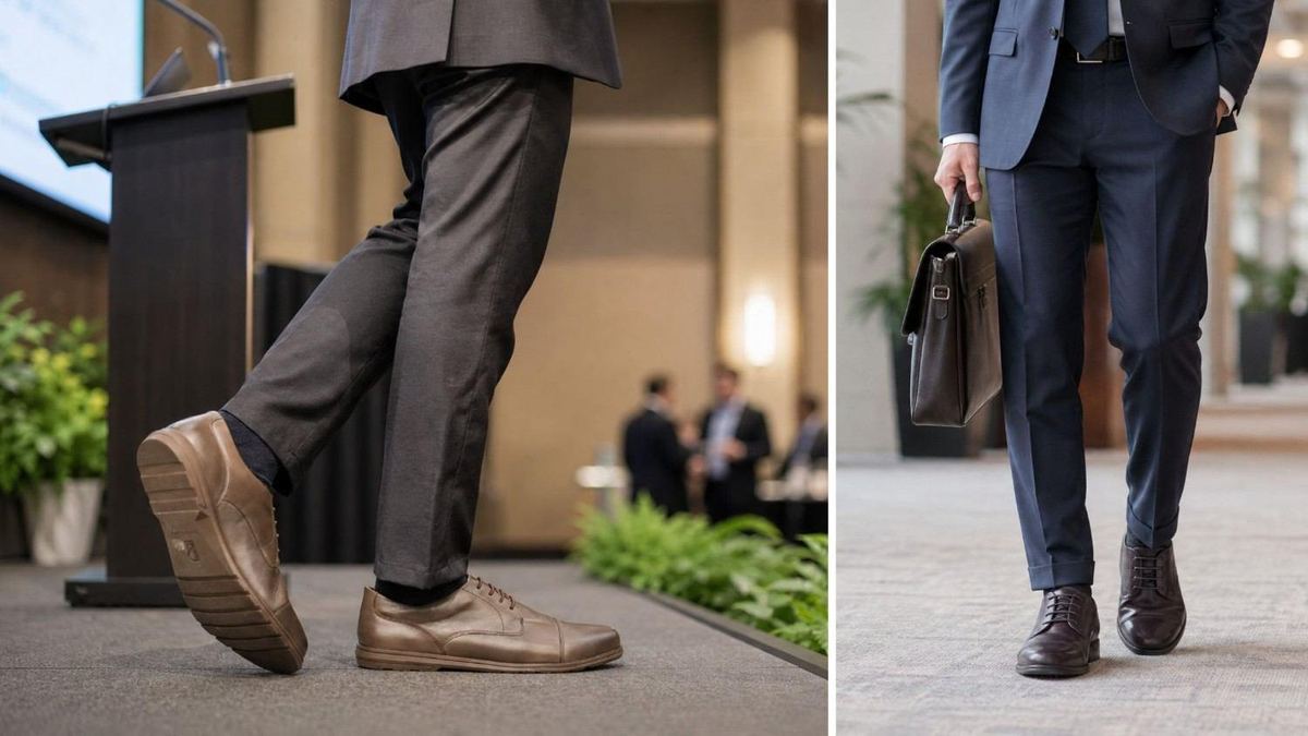 Brown Birchbury Brenston dress shoes worn with gray suit trousers at a conference, plus a pair worn with a navy suit
