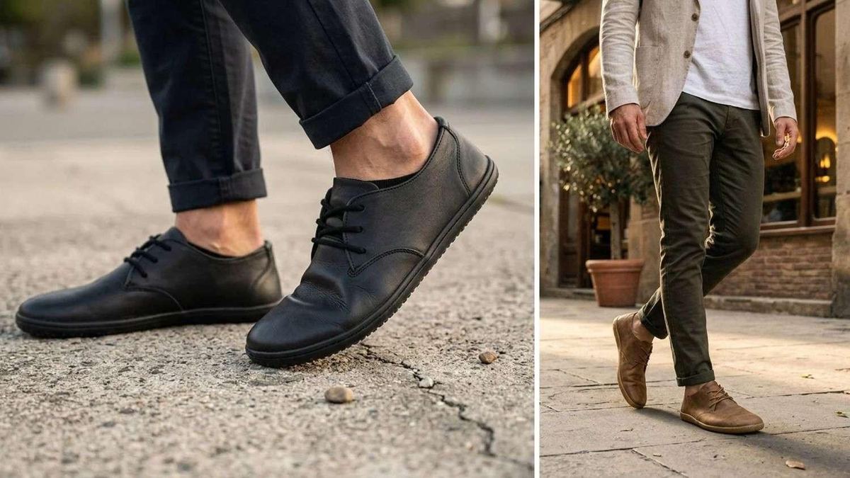 Black Vivobarefoot Ra IV oxfords worn with dark jeans, plus a tan pair worn with olive trousers