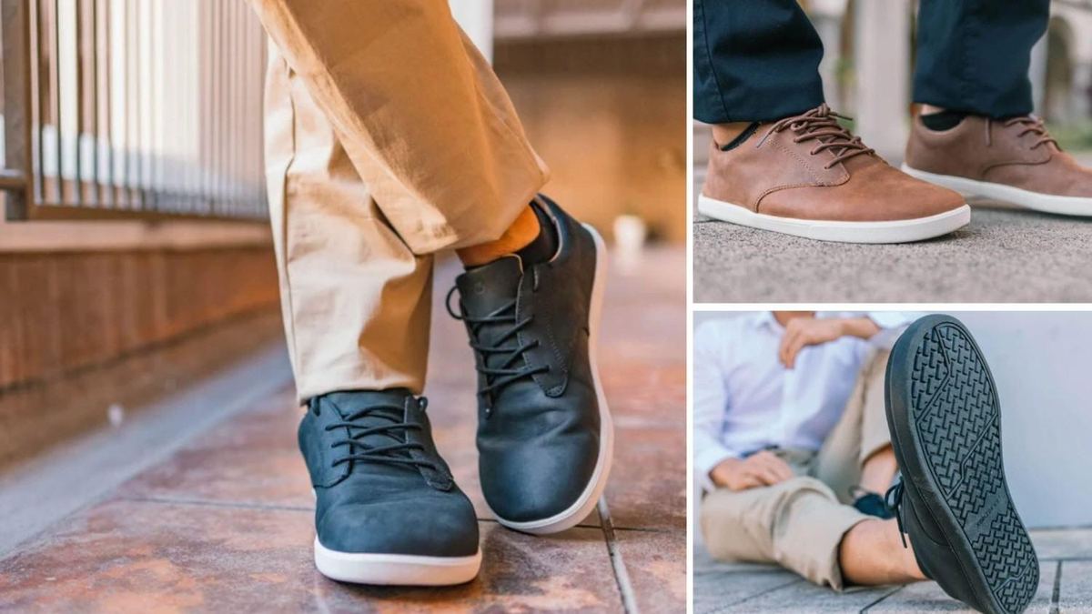 Dark Xero Shoes Glenn oxfords worn with tan chinos on a commute, plus a brown pair and a view of the tread