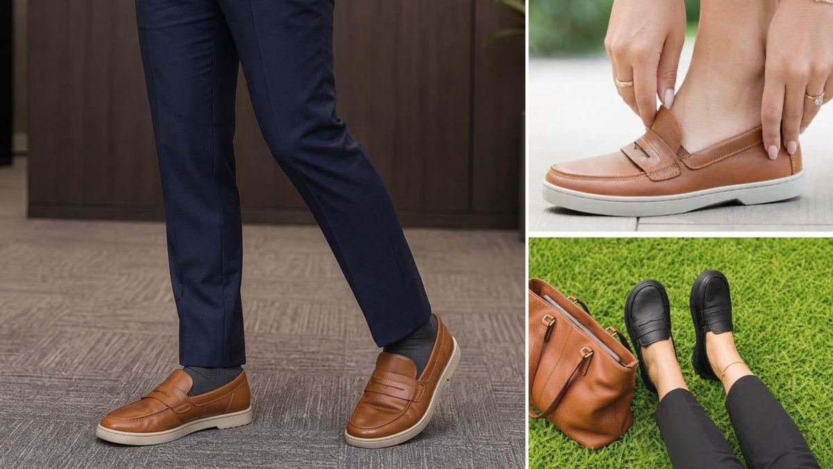 Brown Birchbury Emhurst loafers worn with navy trousers, plus a pair being slipped on and a black pair on grass