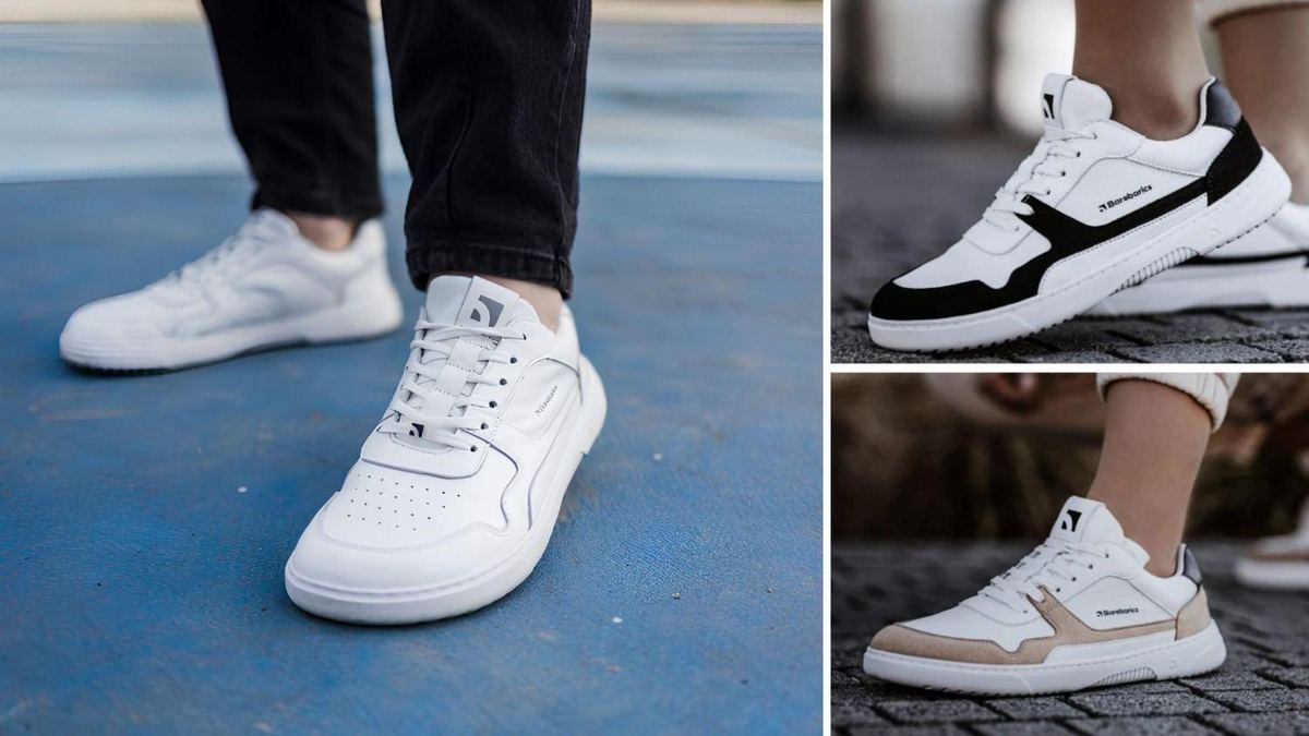 White Barebarics Zing leather sneakers worn with black joggers, plus black-and-white and beige versions