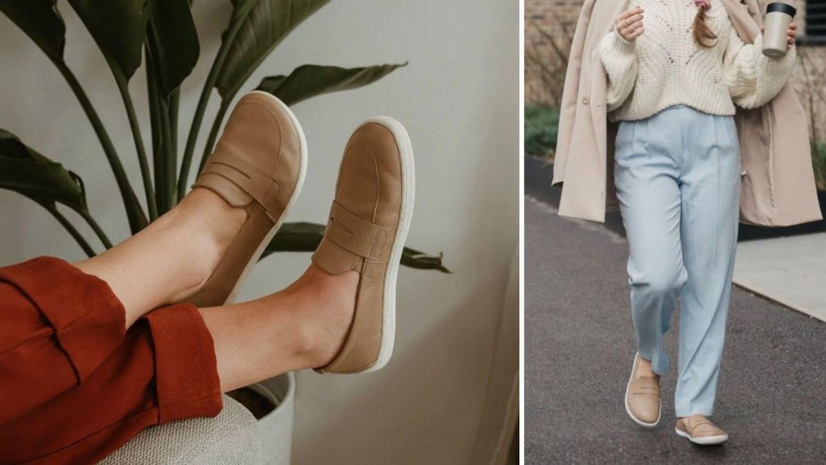Latte Be Lenka Buena penny loafers worn with rust trousers, plus a pair worn with light blue trousers
