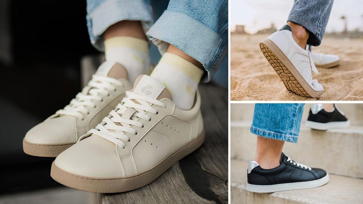 Off-white Groundies Universe sneakers worn with jeans, plus white and black-and-white pairs