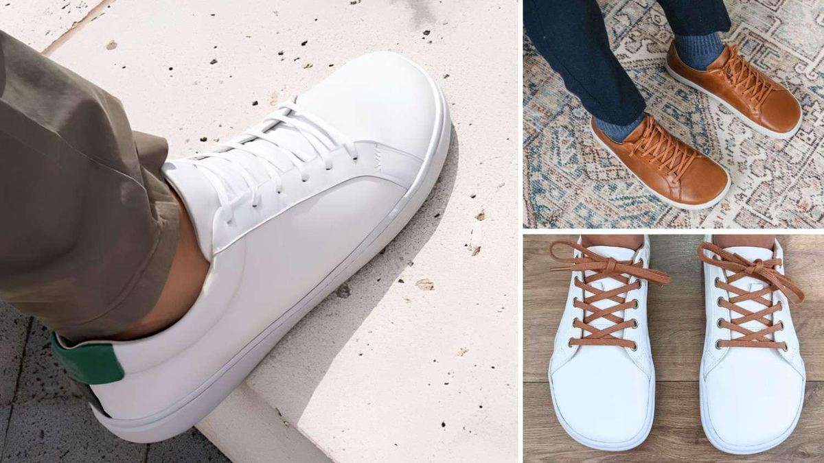 White Origo Everyday Sneaker worn with gray trousers, plus a cinnamon pair and a top-down view of the toe box