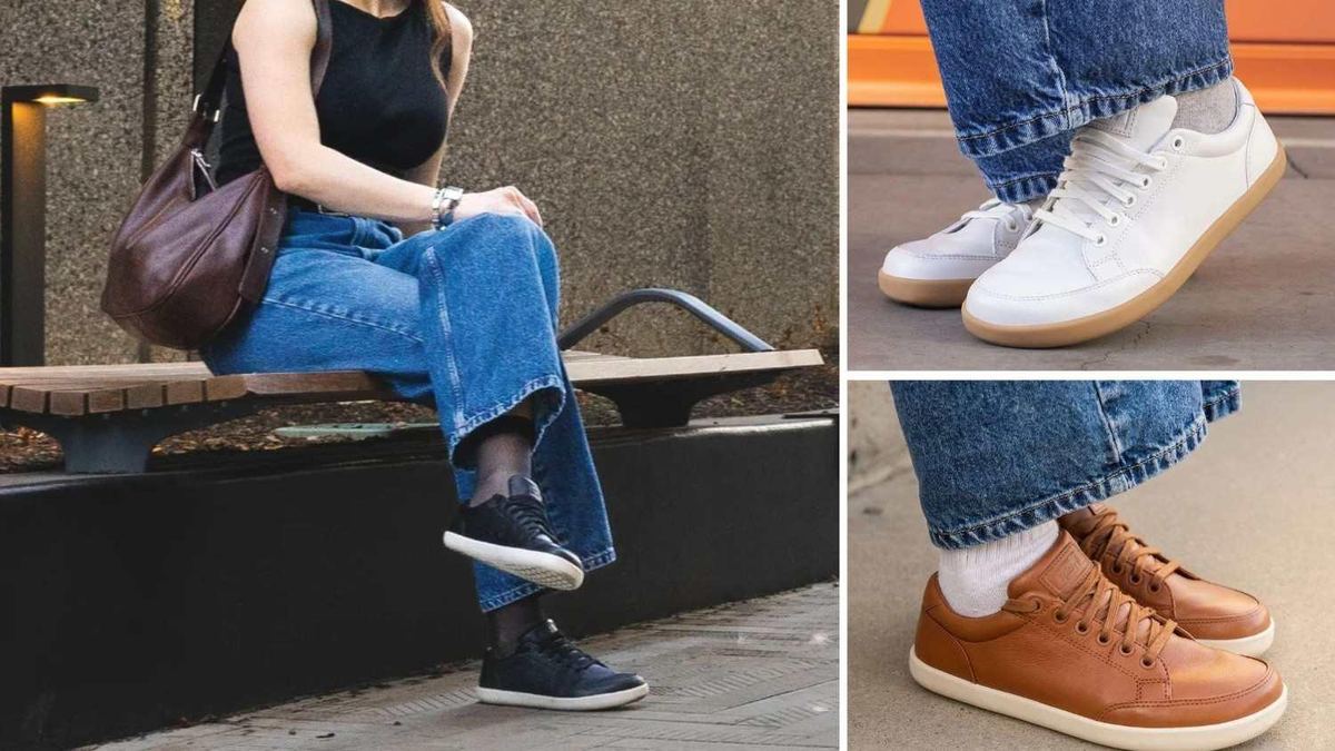 Navy Splay FREESTYLE Leather sneakers worn with wide-leg jeans, plus ivory and oak pairs