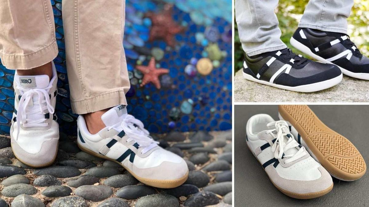 White Xero Shoes Kelso sneakers with navy stripes worn with khakis, plus a black-and-white pair and the gum sole