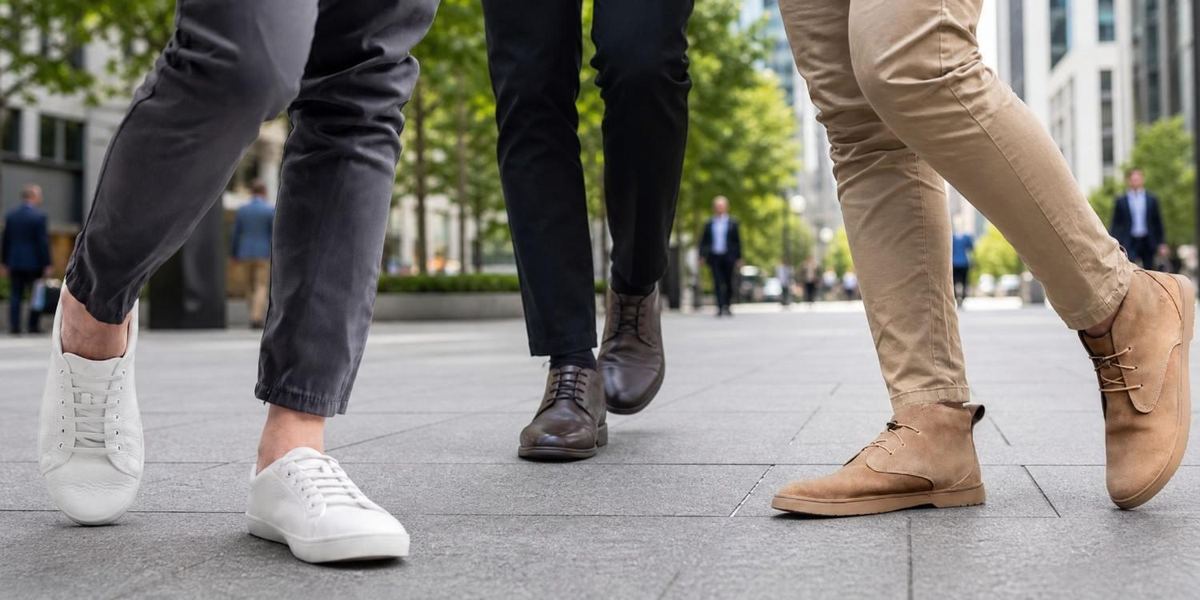 Three people walking to work in minimalist shoes: white sneakers, dark oxfords, and tan suede shoes